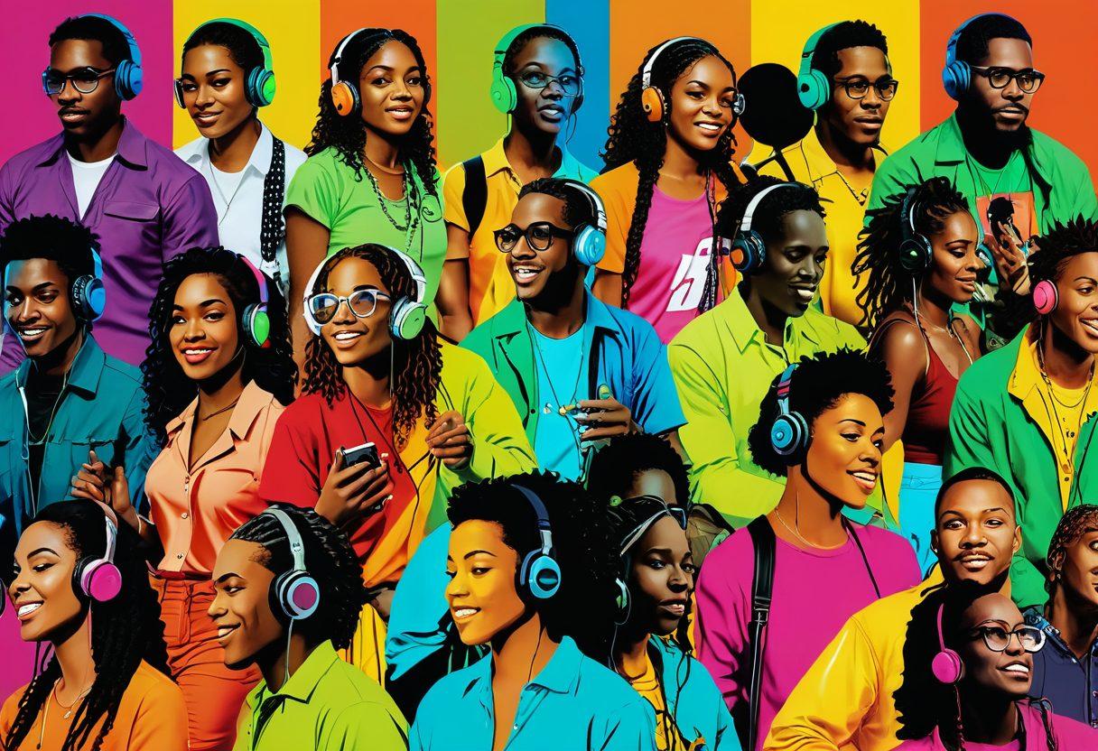 A vibrant collage of diverse people connecting through music, featuring retro LimeWire logo elements intertwined with digital music symbols, such as notes and headphones. Include scenes of collaboration and sharing, showcasing users exchanging music files, in a bright and energetic setting. Super-realistic. Vibrant colors. Dynamic composition.