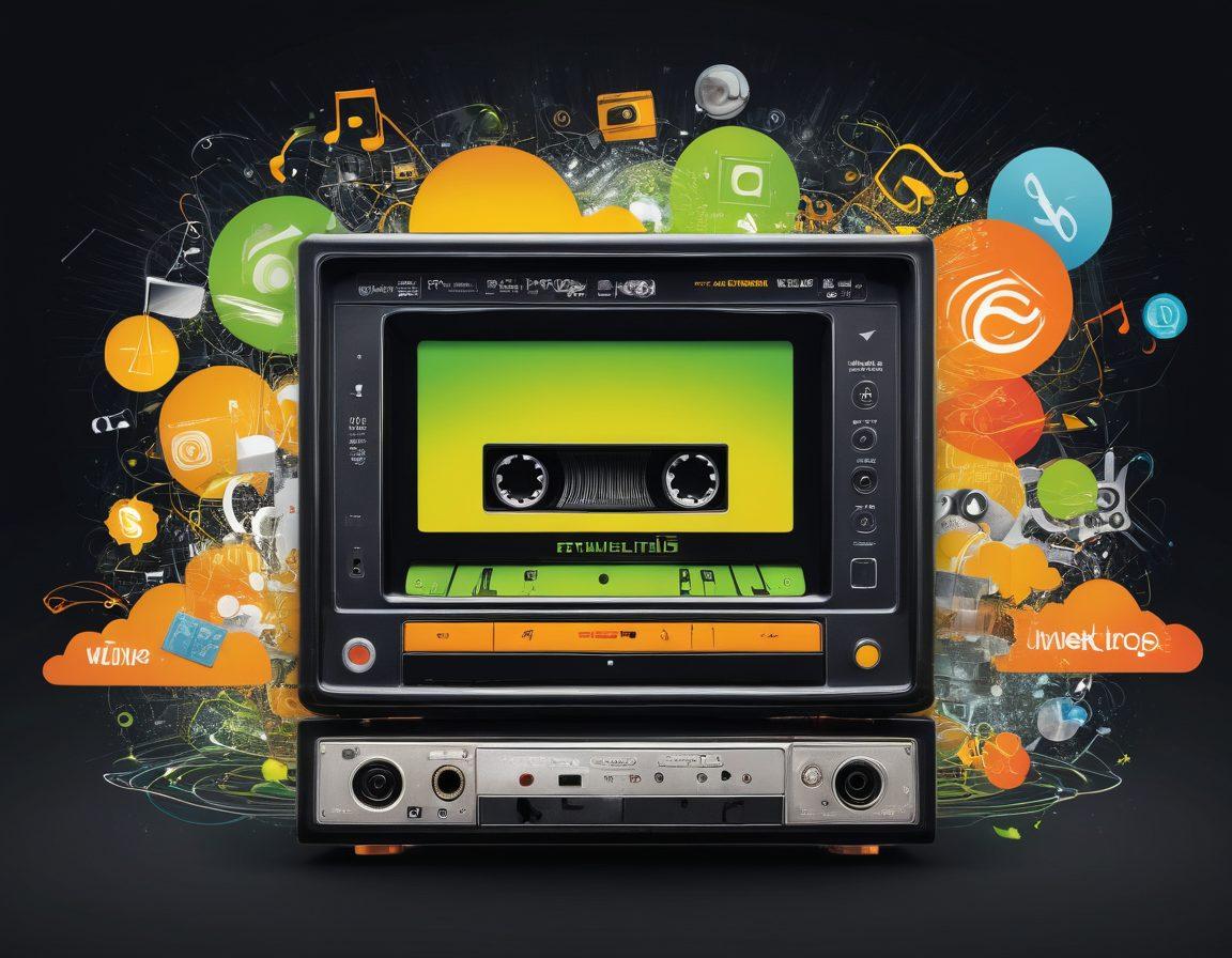 A nostalgic digital collage featuring the LimeWire logo surrounded by various iconic media sharing symbols like cassette tapes, CDs, and cloud icons, set against a vibrant backdrop of a retro computer screen displaying music files. Include a visual timeline showing the evolution of music sharing from LimeWire to streaming services. Emphasize a mix of retro and modern elements, highlighting the transition in technology and culture. vibrant colors. vector art.