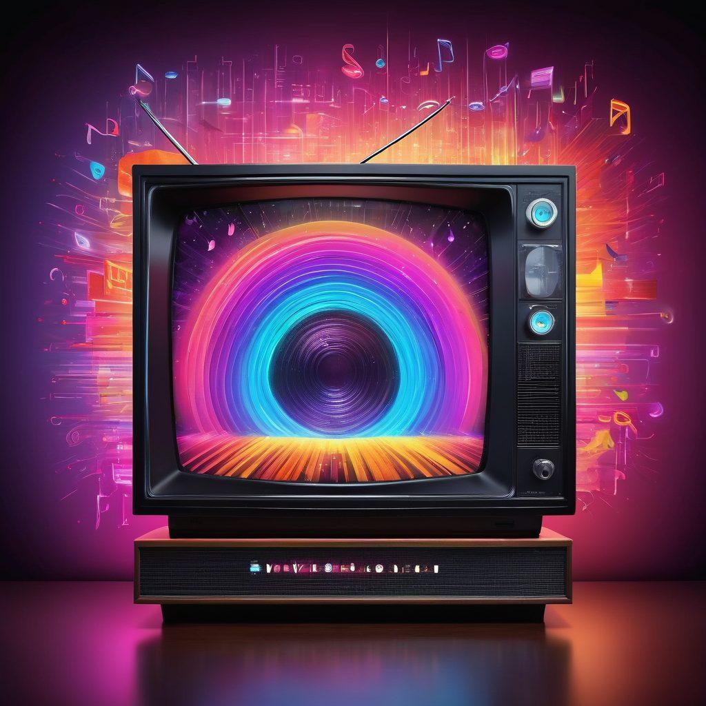 A dynamic collage showcasing various digital entertainment forms: a vintage download icon transitioning into vibrant streaming symbols, with contrasting visuals of a computer and a modern smart TV. Include dynamic waveform graphics representing audio and video streaming, along with playful musical notes and movie reels. Use a blend of neon colors to signify energy and change. digital art. vibrant colors. modern style.